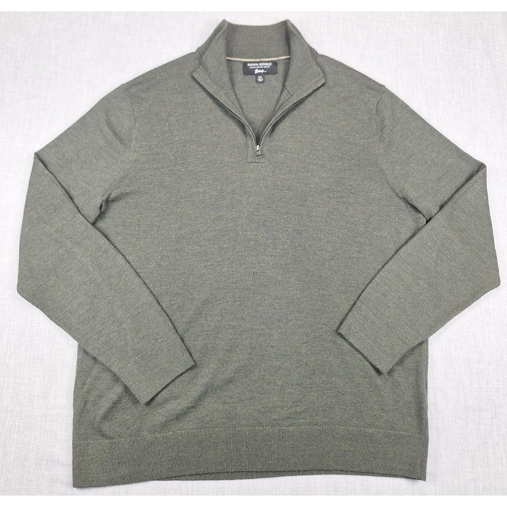 Banana Republic Italian Merino Wool Quarter Zip Sweater Olive Green Mens XL
